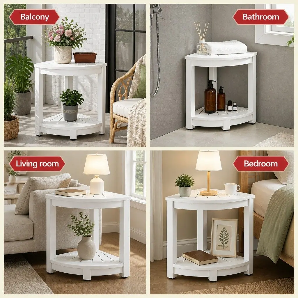 White HDPE Corner Shower Stool Side Table Storage Bench Outdoor Indoor Furniture 46x32x43cm