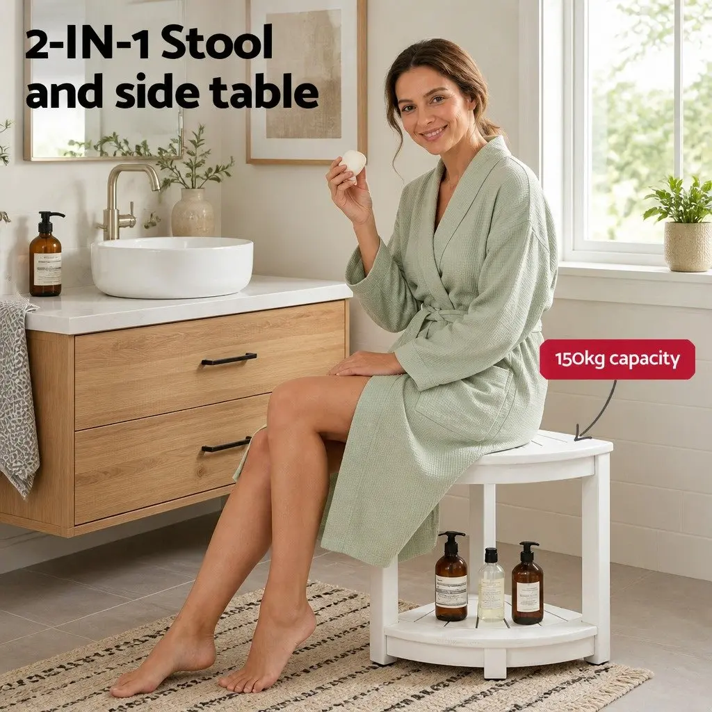 White HDPE Corner Shower Stool Side Table Storage Bench Outdoor Indoor Furniture 46x32x43cm