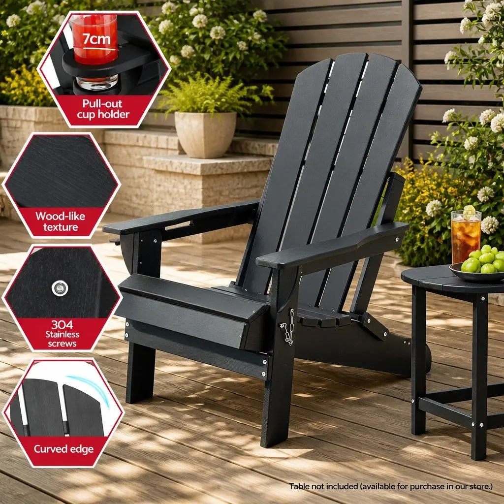 Outdoor Adirondack Folding Chair HDPE Black 68 x 82 x 106cm