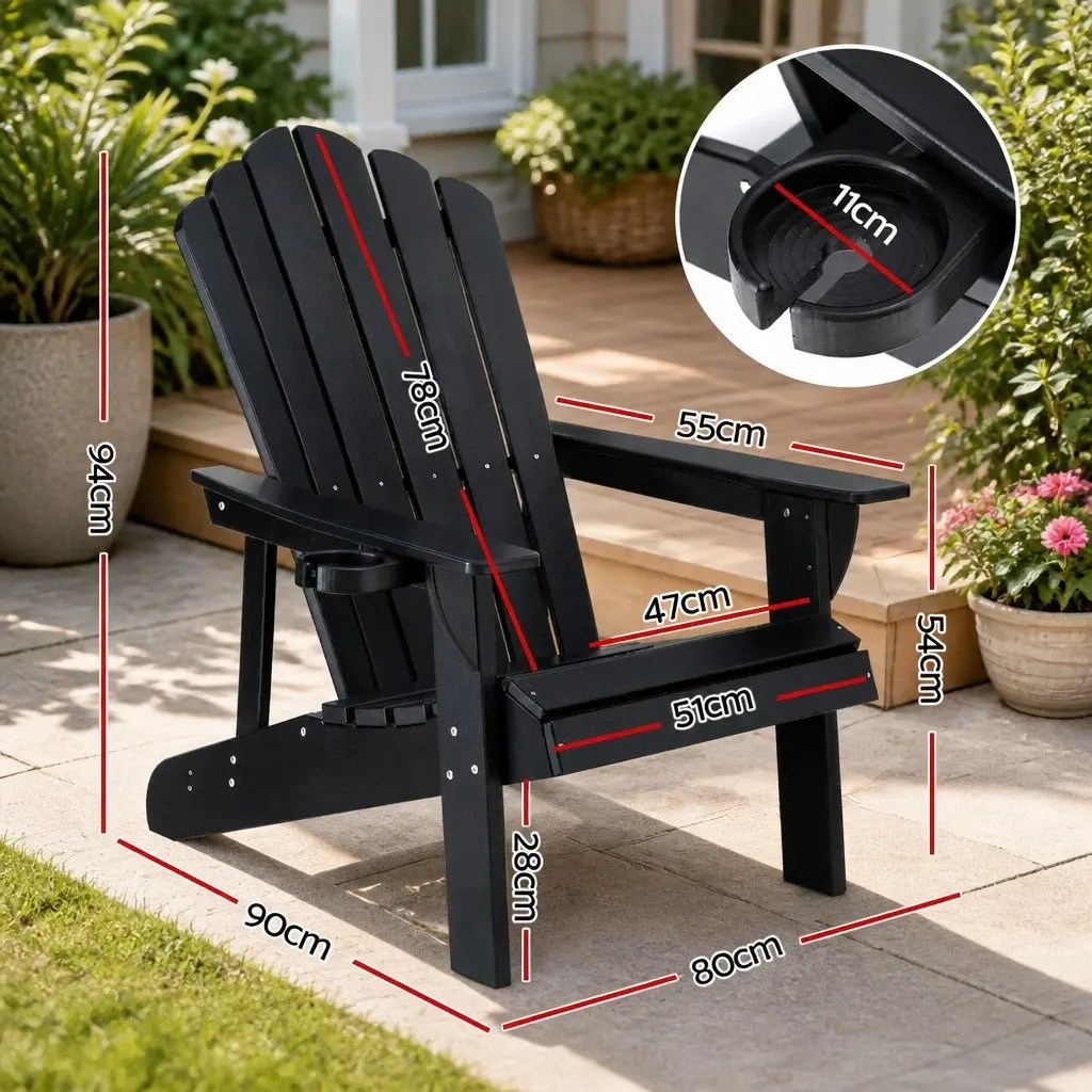 Adirondack Chair HDPE Black 80 x 90 x 94cm Outdoor Beach Sun Lounge Patio Garden Furniture