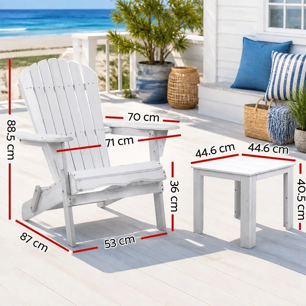 3 Piece Adirondack Outdoor Chair and Side Table Set Foldable Wooden White