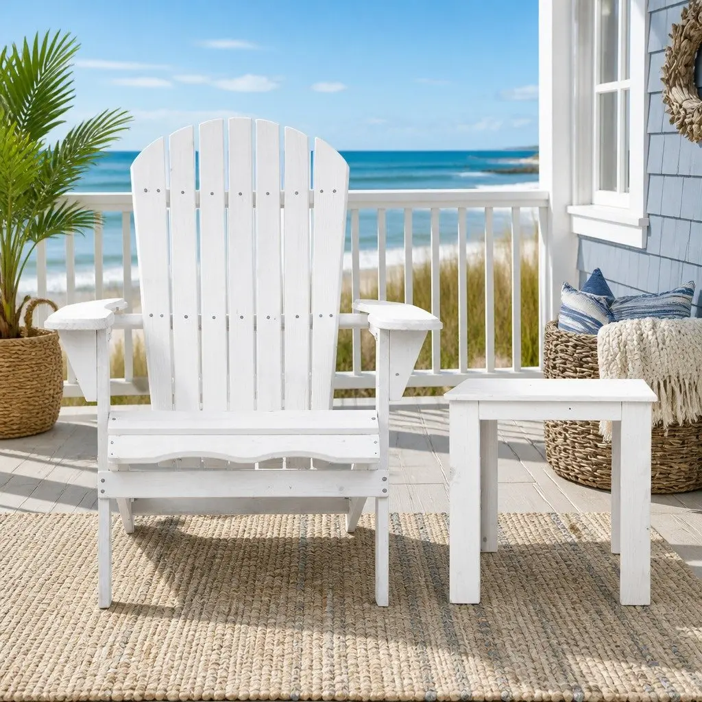 3 Piece Adirondack Outdoor Chair and Side Table Set Foldable Wooden White