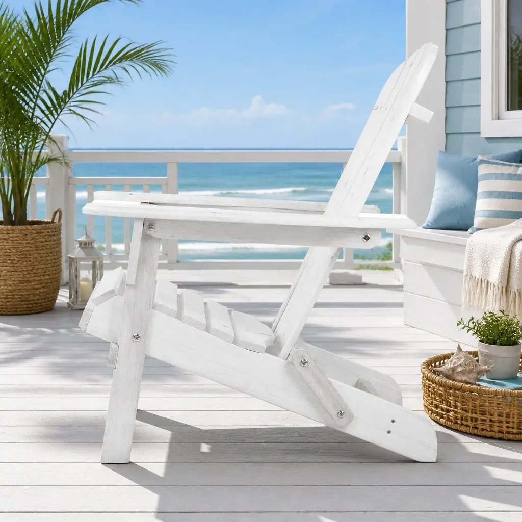 3 Piece Adirondack Outdoor Chair and Side Table Set Foldable Wooden White