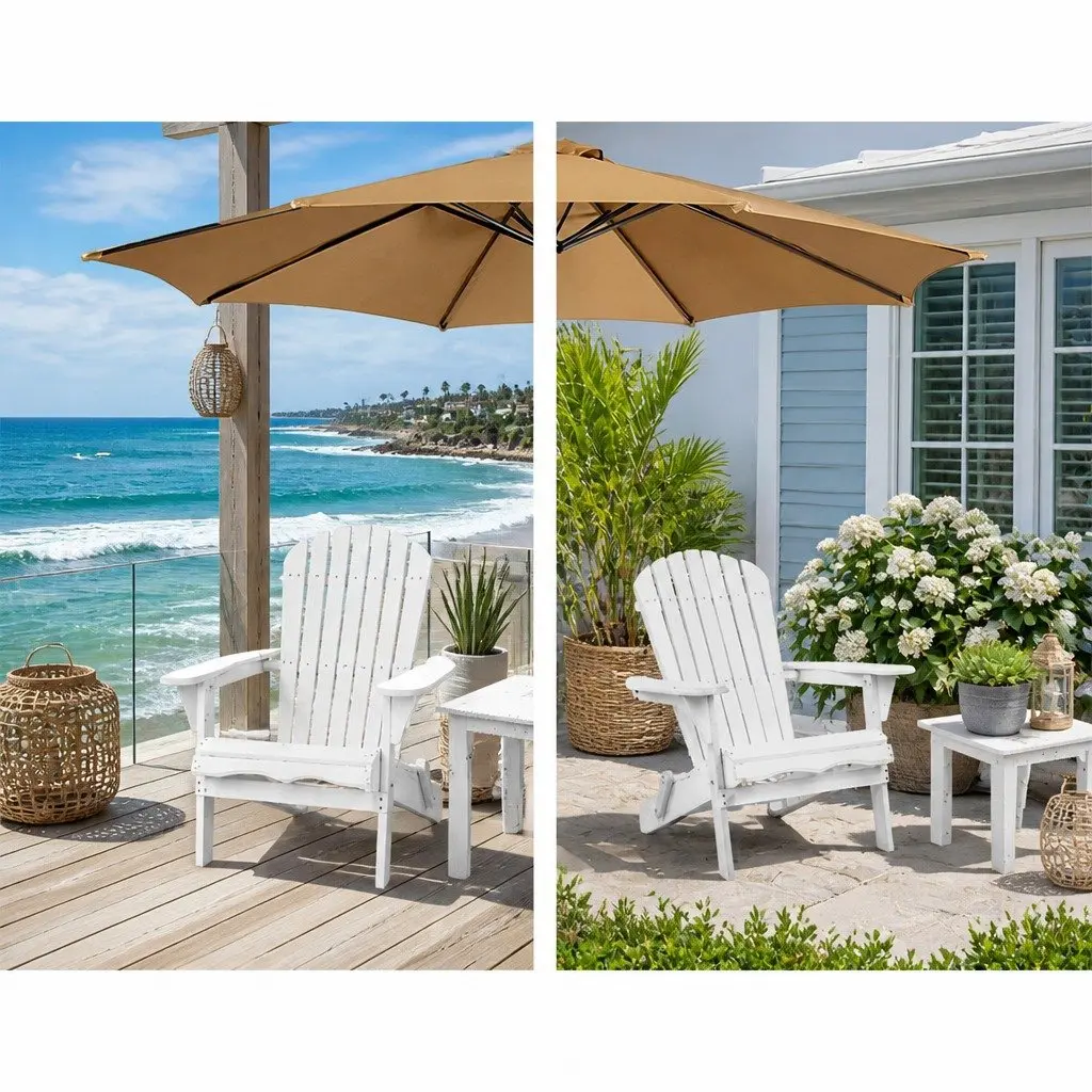 3 Piece Adirondack Outdoor Chair and Side Table Set Foldable Wooden White