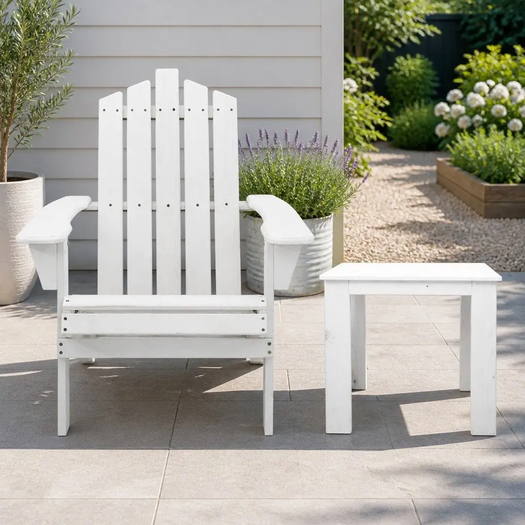 3 Piece Outdoor Lounge Set White Wooden Adirondack Chairs with Side Table