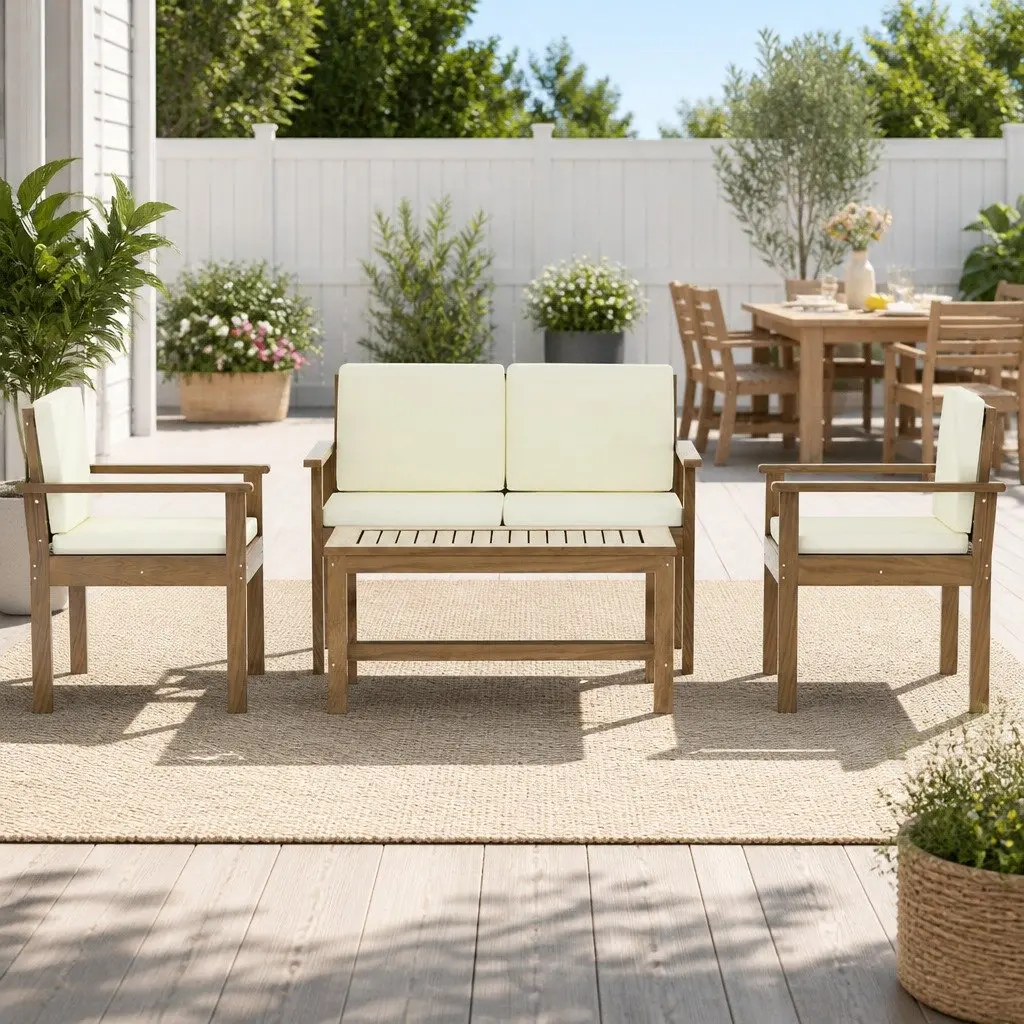 4-Piece Outdoor Sofa Set Solid Wood Brown Couch Lounge with White Cushions Coffee Table
