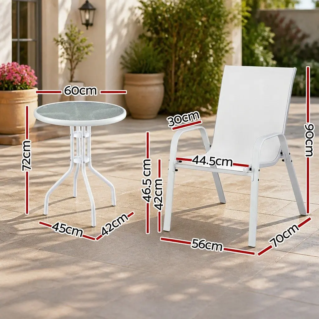 3 Piece Outdoor Dining Set Stackable Chairs Steel Frame Tempered Glass Table White