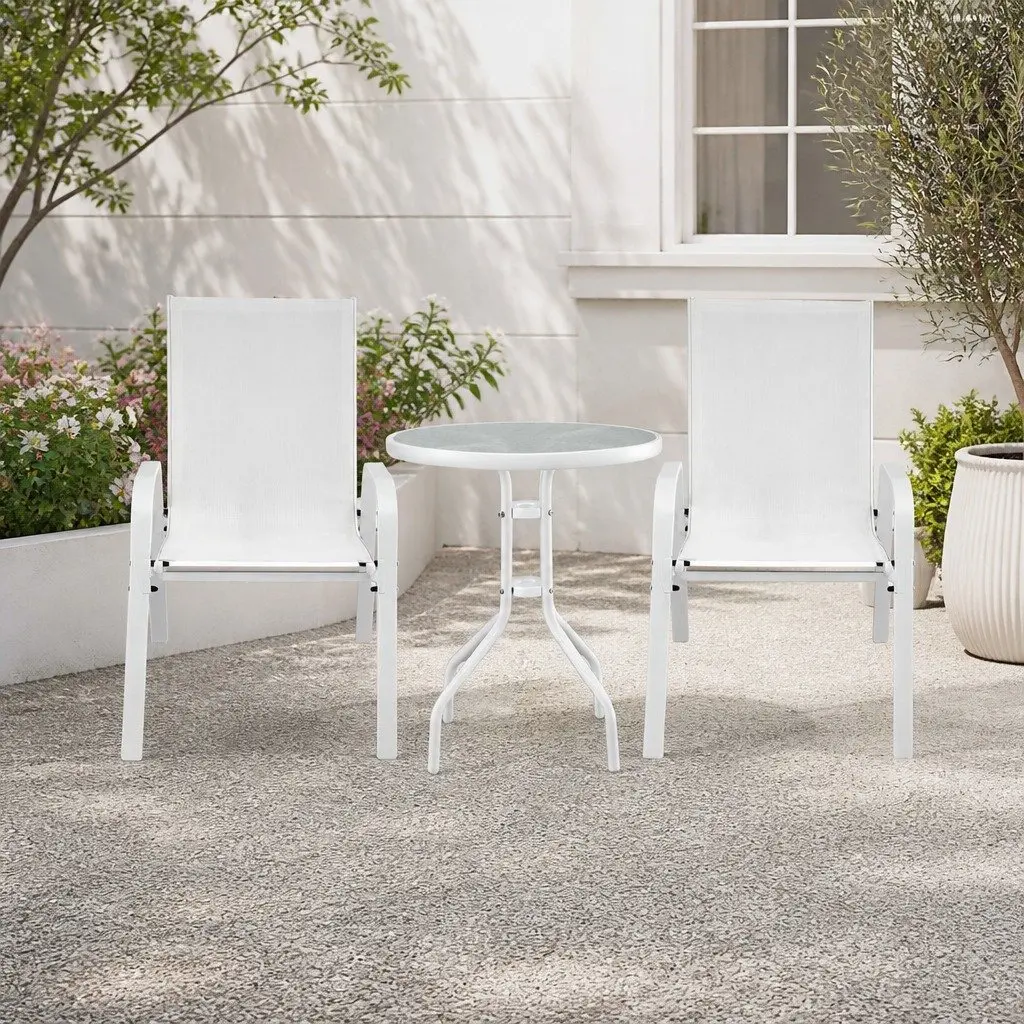3 Piece Outdoor Dining Set Stackable Chairs Steel Frame Tempered Glass Table White