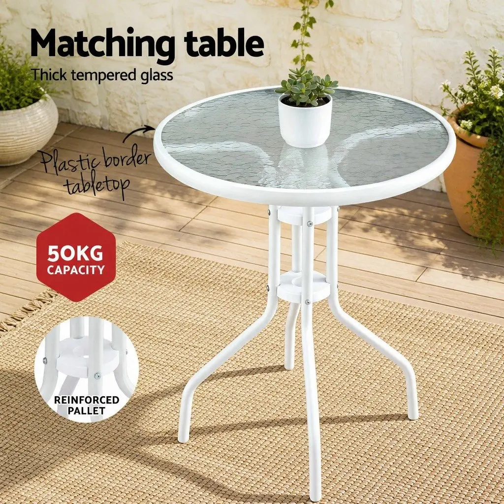 3 Piece Outdoor Dining Set Stackable Chairs Steel Frame Tempered Glass Table White