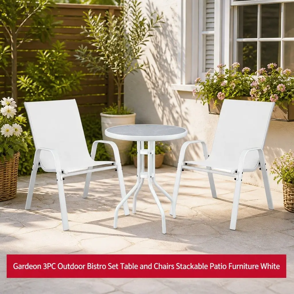 3 Piece Outdoor Dining Set Stackable Chairs Steel Frame Tempered Glass Table White