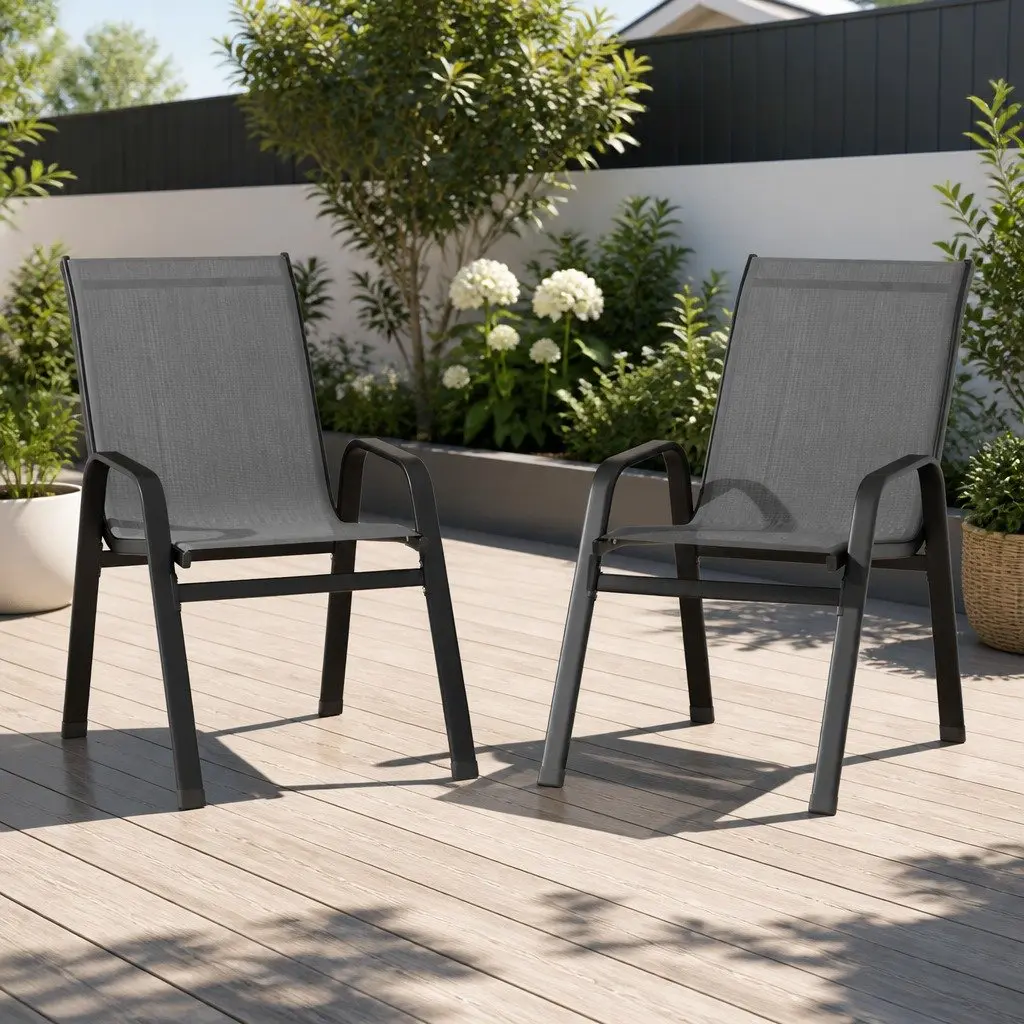 Stackable Outdoor Dining Chairs Grey Patio Lounge Furniture Set Metal Frame