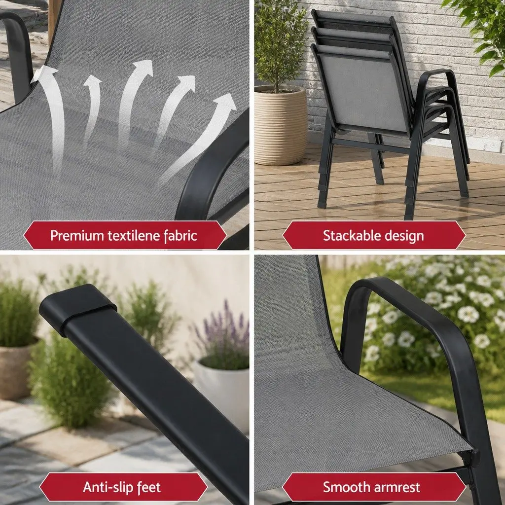 Outdoor Dining Chairs Steel Frame Textilene Fabric Stackable Grey Set of 4