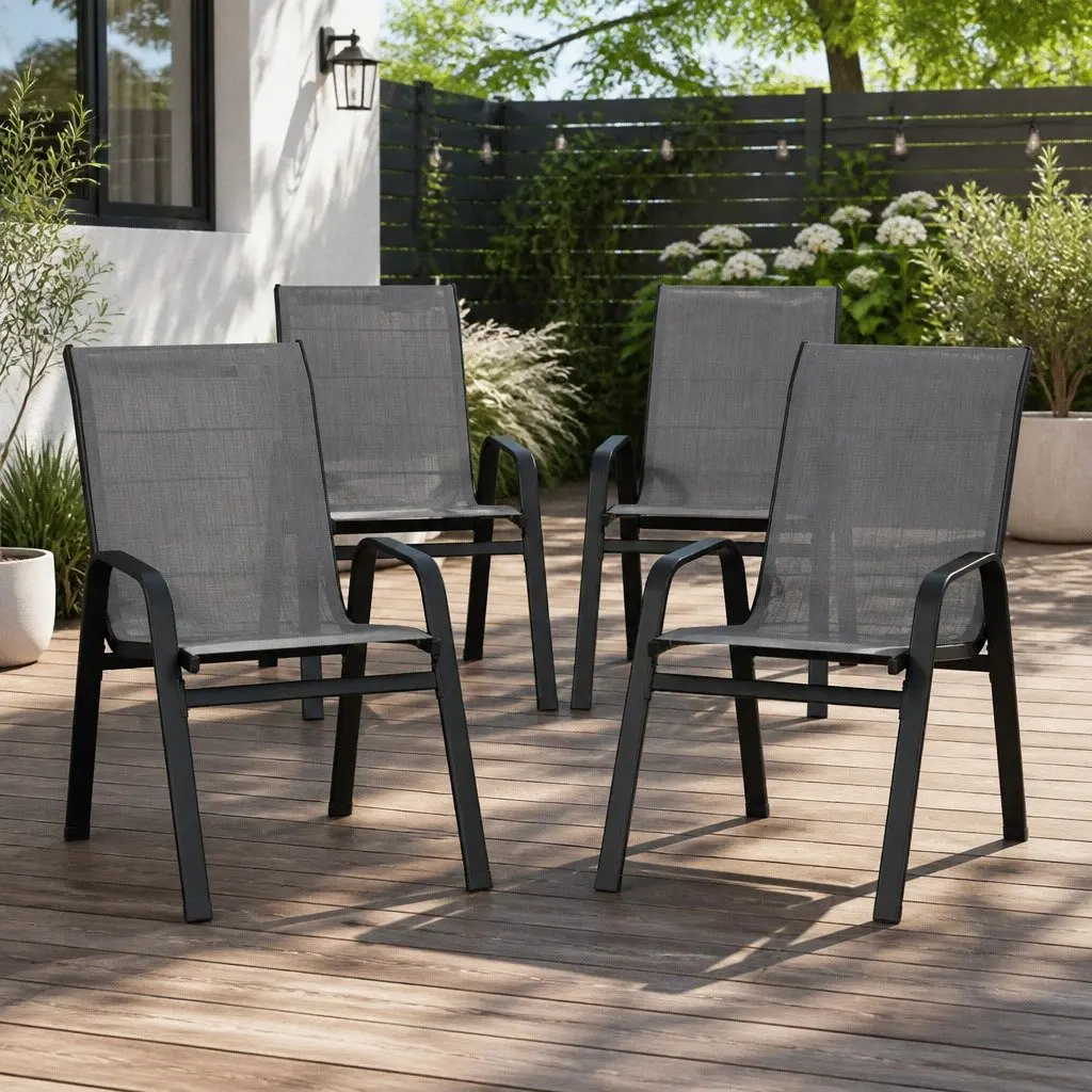 Outdoor Dining Chairs Steel Frame Textilene Fabric Stackable Grey Set of 4
