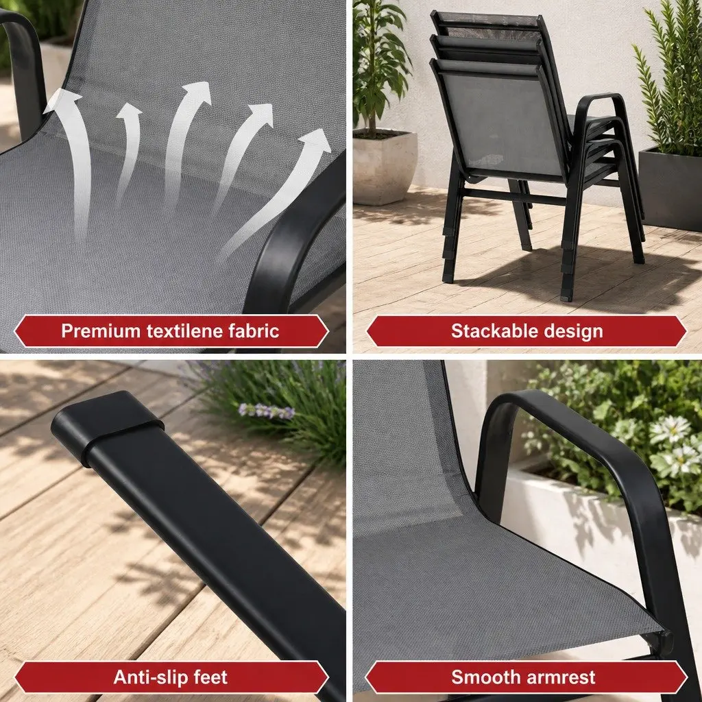 Outdoor Dining Chairs Steel Frame Stackable 6 Piece Grey Textilene Fabric