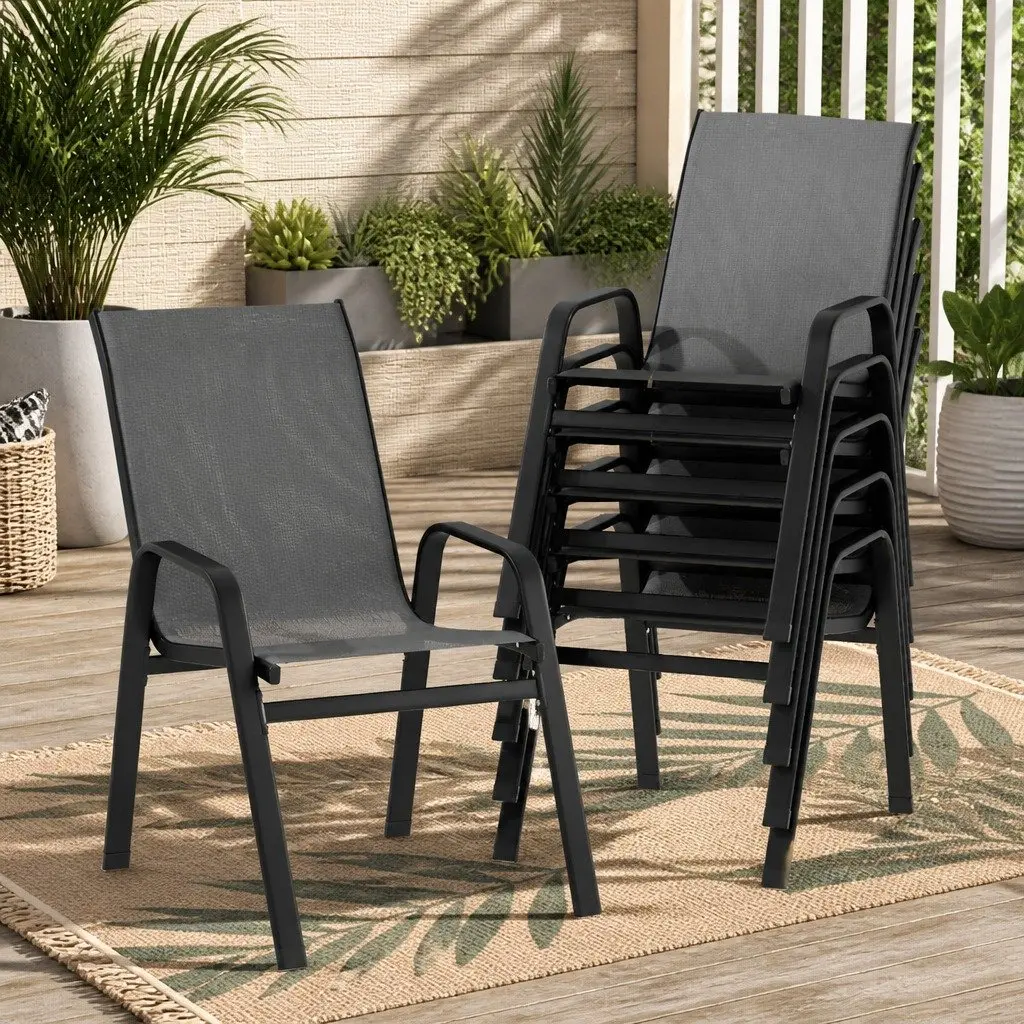 Outdoor Dining Chairs Steel Frame Stackable 6 Piece Grey Textilene Fabric