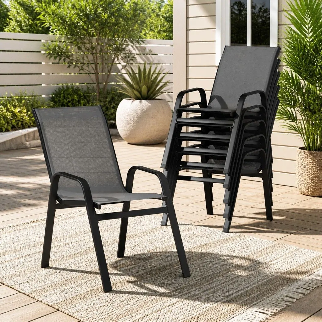 Outdoor Dining Chairs Steel Frame Stackable 6 Piece Grey Textilene Fabric