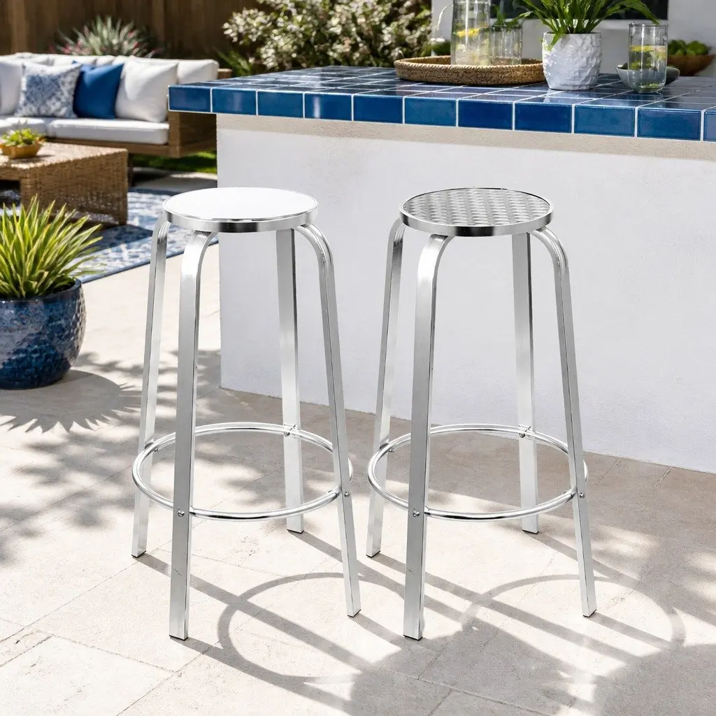 Outdoor Bar Stools Aluminum Silver 82cm Height 36cm Diameter Set of 2