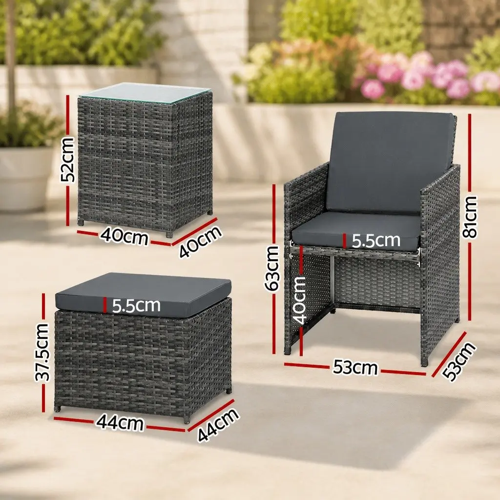5 Piece Wicker Outdoor Bistro Set with Aluminium Frame Yellow Chairs Ottomans and Glass Table
