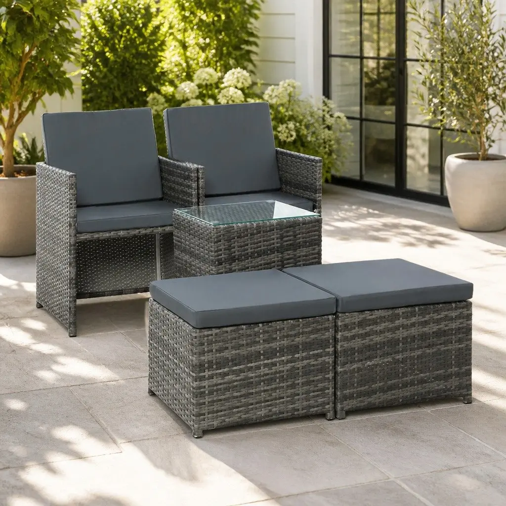 5 Piece Wicker Outdoor Bistro Set with Aluminium Frame Yellow Chairs Ottomans and Glass Table