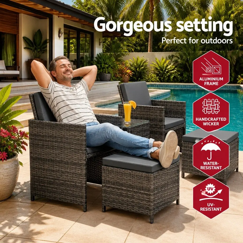 5 Piece Wicker Outdoor Bistro Set with Aluminium Frame Yellow Chairs Ottomans and Glass Table