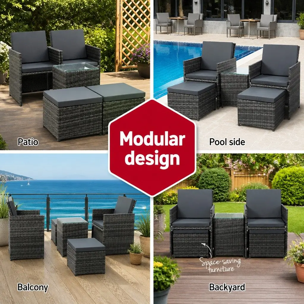 5 Piece Wicker Outdoor Bistro Set with Aluminium Frame Yellow Chairs Ottomans and Glass Table