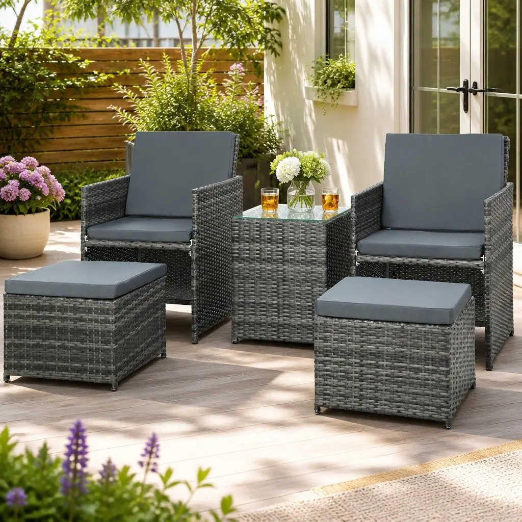 5 Piece Wicker Outdoor Bistro Set with Aluminium Frame Yellow Chairs Ottomans and Glass Table