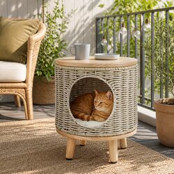 Wicker Side Table with Steel Frame Coffee Table Pet Bed Indoor Outdoor