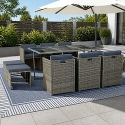 Outdoor Dining Set 11 Piece Wicker Table Chairs Ottomans Grey Cushions