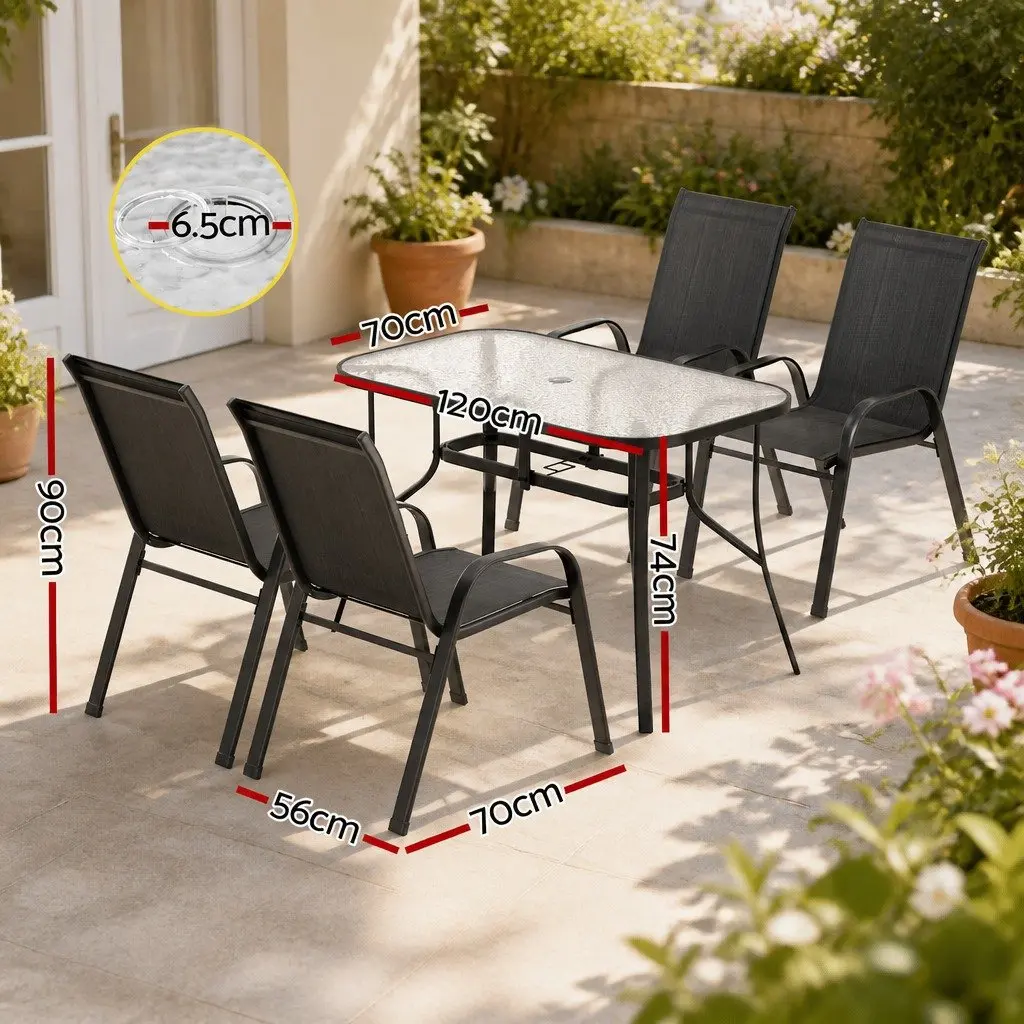 Outdoor Dining Set Black Steel Frame Stackable Chairs Tempered Glass Table 5 Piece
