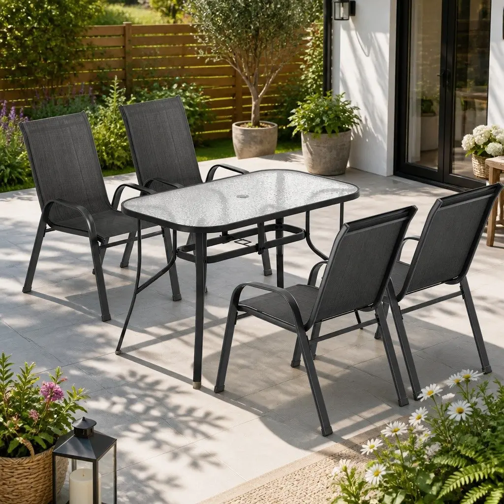Outdoor Dining Set Black Steel Frame Stackable Chairs Tempered Glass Table 5 Piece