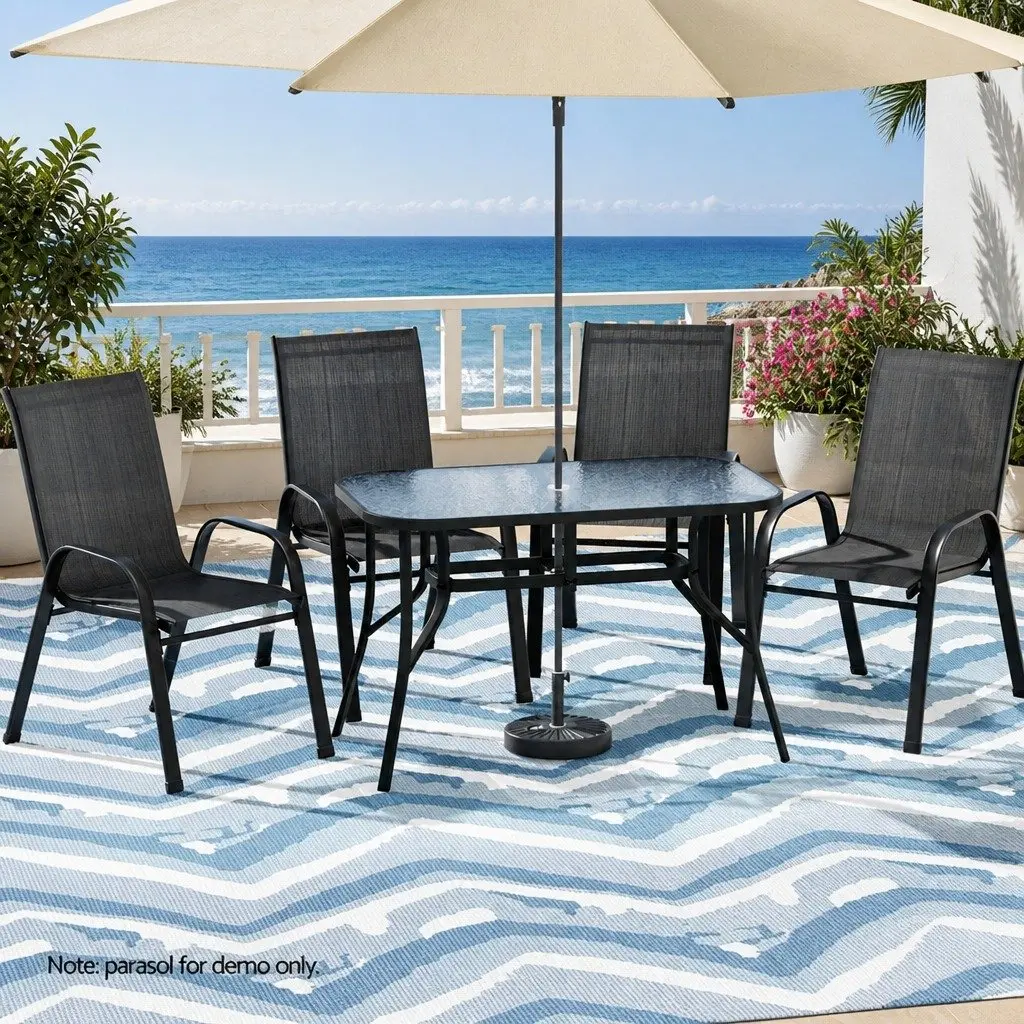 Outdoor Dining Set Black Steel Frame Stackable Chairs Tempered Glass Table 5 Piece