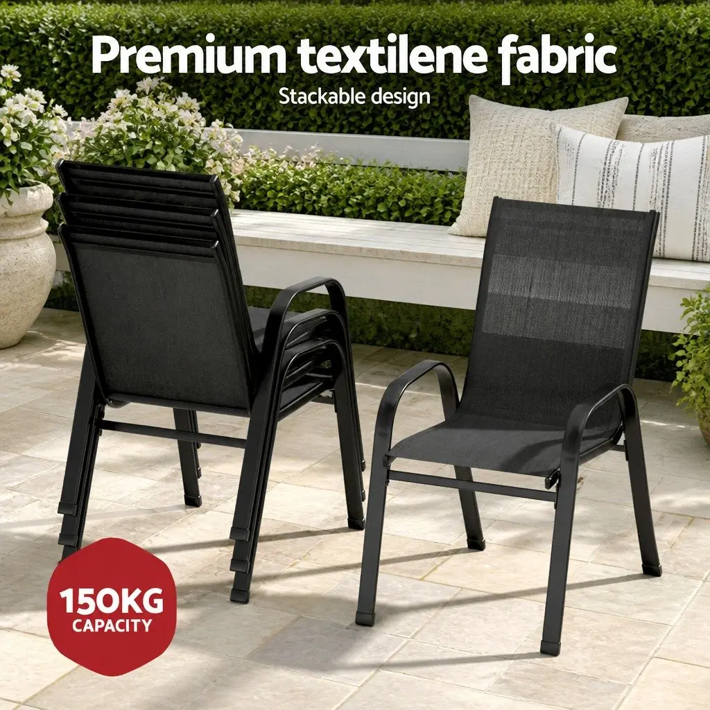 Outdoor Dining Set Black Steel Frame Stackable Chairs Tempered Glass Table 5 Piece