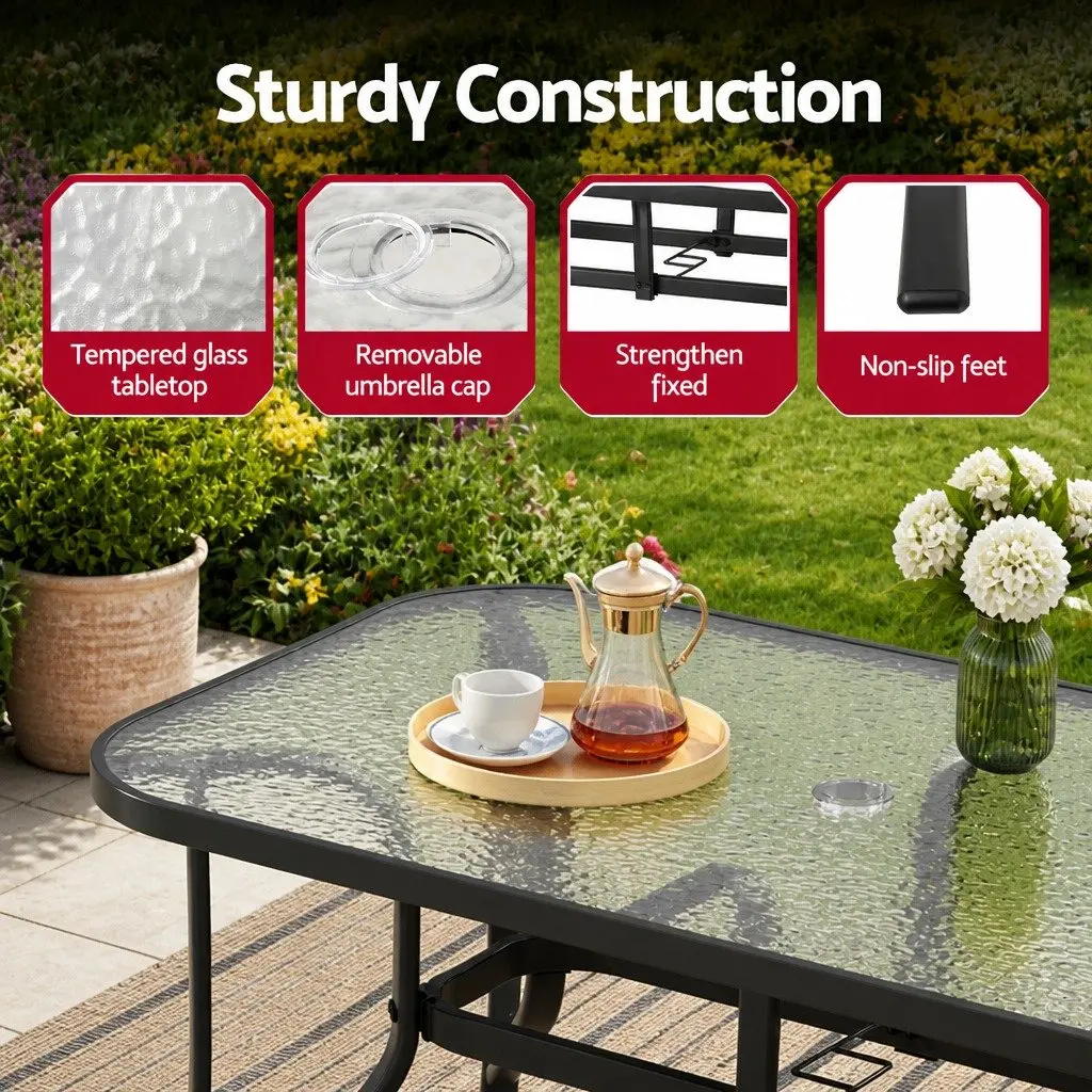Outdoor Dining Set Black Steel Frame Stackable Chairs Tempered Glass Table 5 Piece