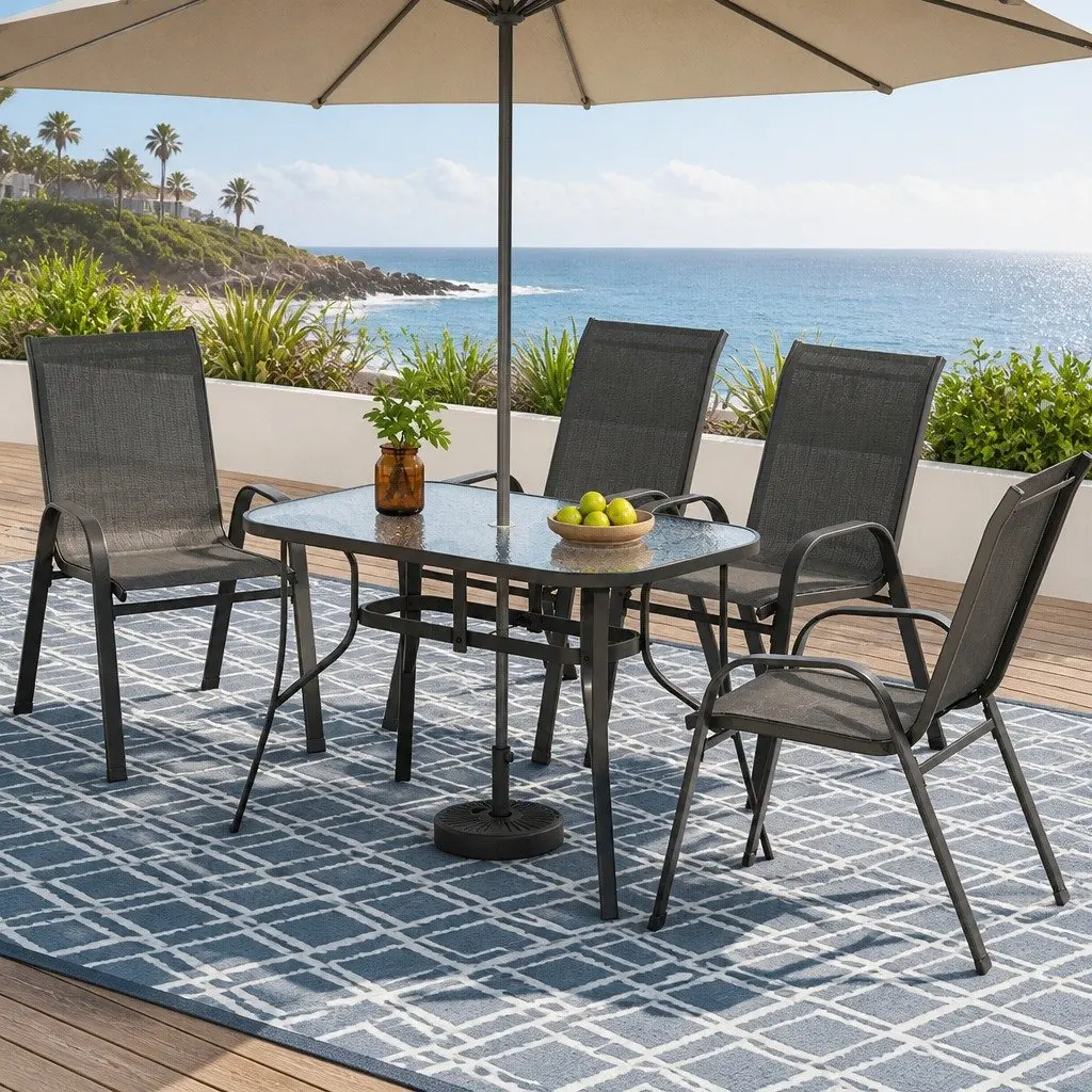 Outdoor Dining Set Black Steel Frame Stackable Chairs Tempered Glass Table 5 Piece