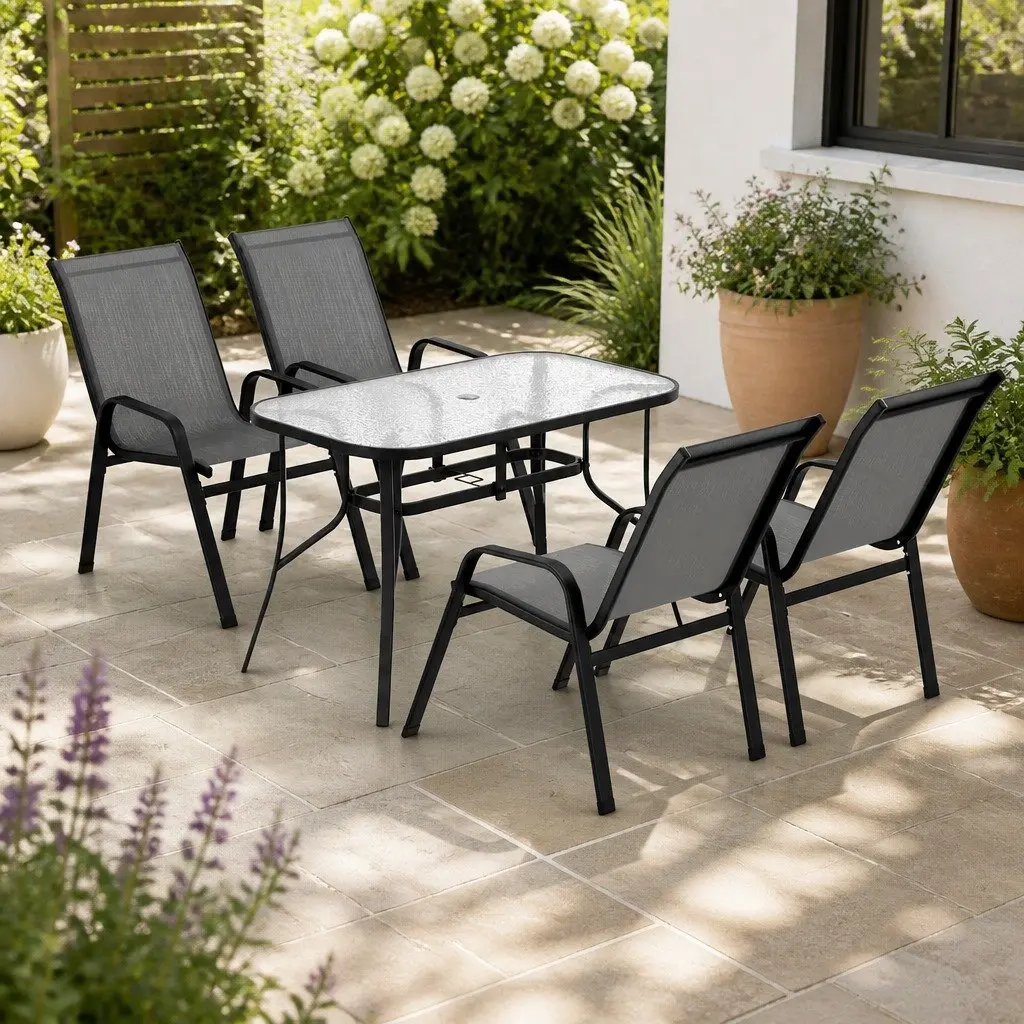 5 Piece Outdoor Dining Set Tempered Glass Table Stackable Chairs Steel Frame Grey