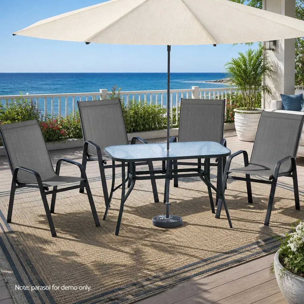 5 Piece Outdoor Dining Set Tempered Glass Table Stackable Chairs Steel Frame Grey