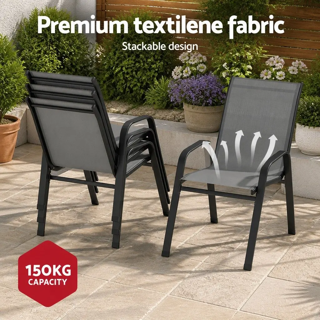 5 Piece Outdoor Dining Set Tempered Glass Table Stackable Chairs Steel Frame Grey
