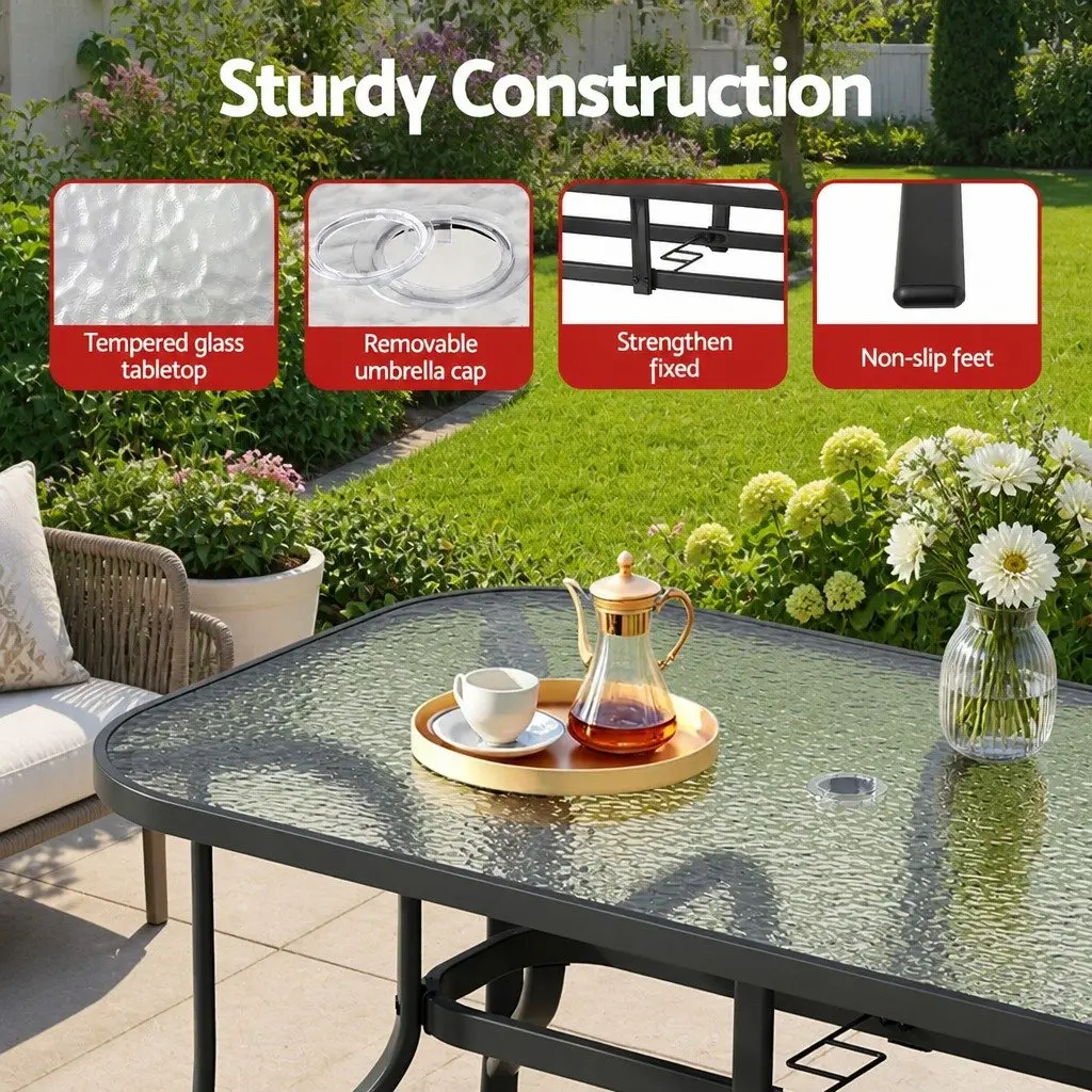 5 Piece Outdoor Dining Set Tempered Glass Table Stackable Chairs Steel Frame Grey