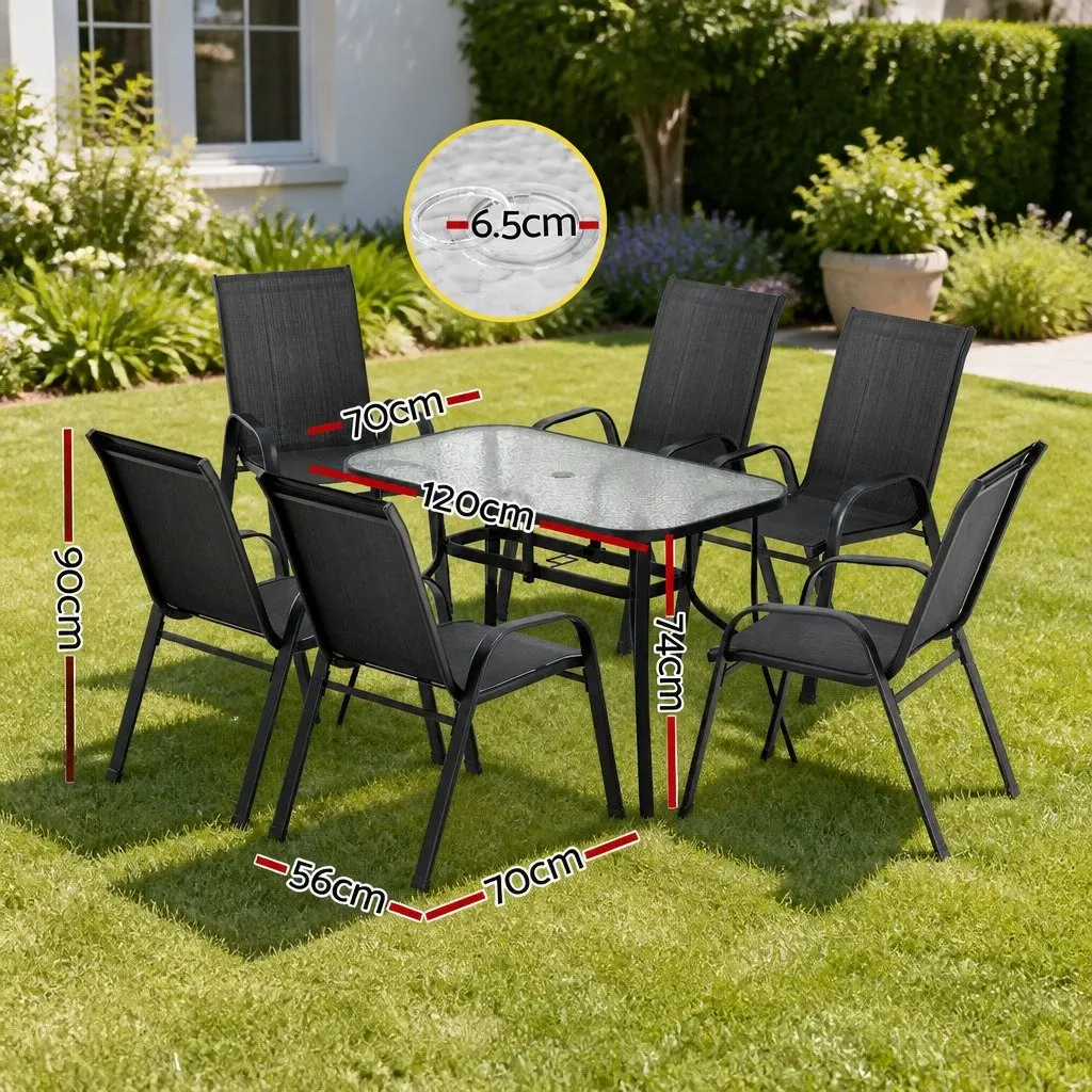 7 Piece Outdoor Dining Set Tempered Glass Table Steel Frame Stackable Chairs Black