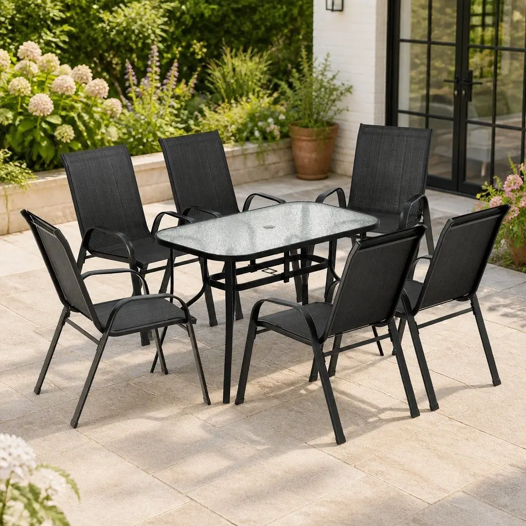 7 Piece Outdoor Dining Set Tempered Glass Table Steel Frame Stackable Chairs Black