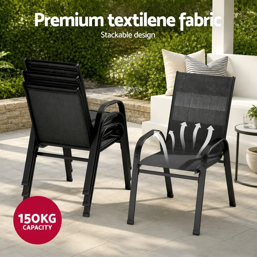 7 Piece Outdoor Dining Set Tempered Glass Table Steel Frame Stackable Chairs Black