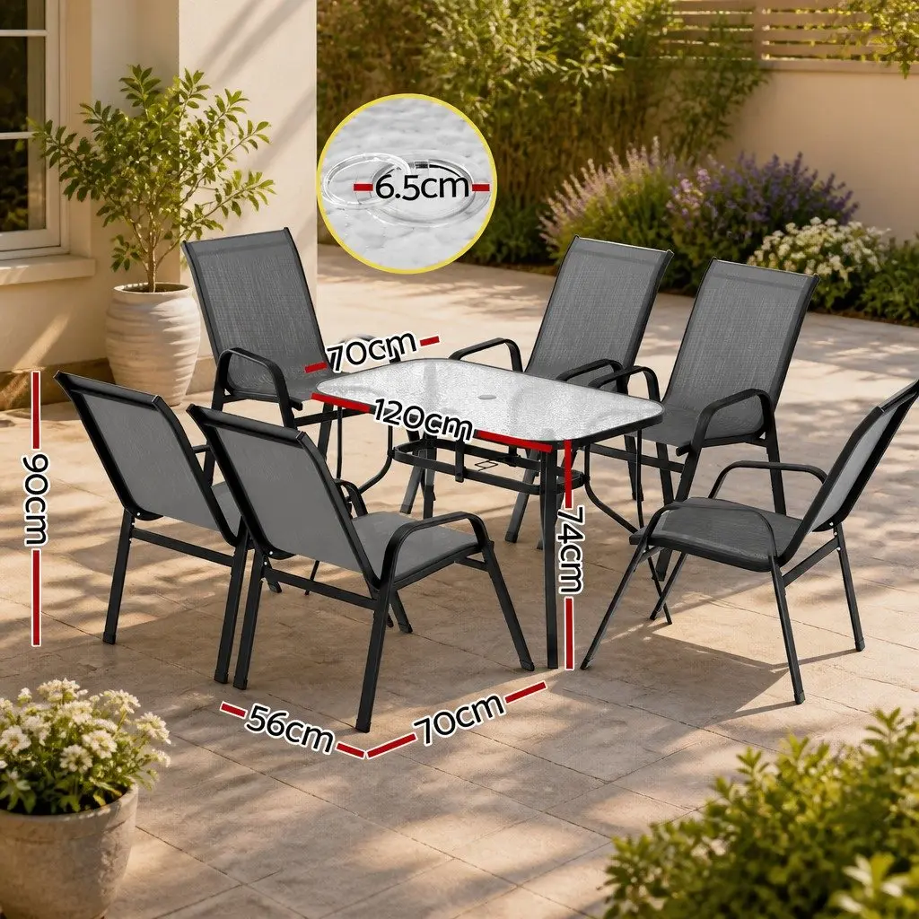 7 Piece Patio Dining Set Tempered Glass Table Stackable Chairs Outdoor Garden Furniture Black Grey