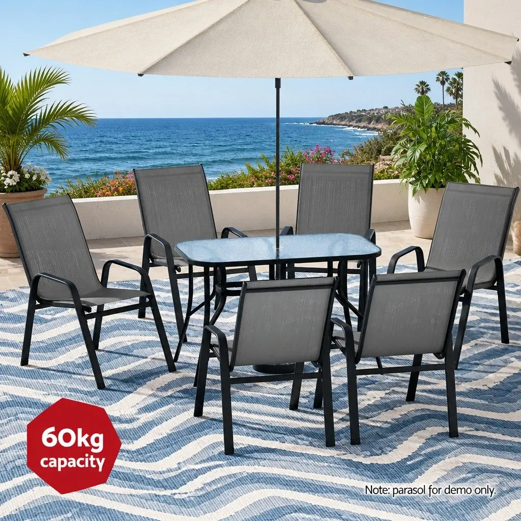 7 Piece Patio Dining Set Tempered Glass Table Stackable Chairs Outdoor Garden Furniture Black Grey