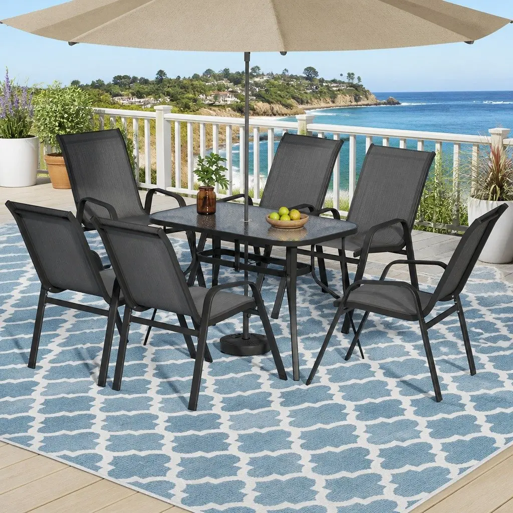 7 Piece Patio Dining Set Tempered Glass Table Stackable Chairs Outdoor Garden Furniture Black Grey