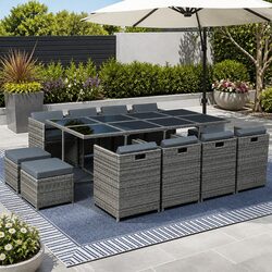 Outdoor Dining Set 13 Piece Wicker Table Chairs Ottomans Grey Garden Furniture