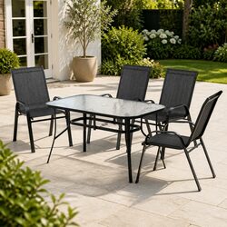 5 Piece Outdoor Dining Set Black Steel Frame Tempered Glass Table Stackable