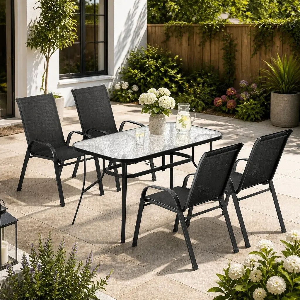 5 Piece Outdoor Dining Set Steel Frame Tempered Glass Table Black