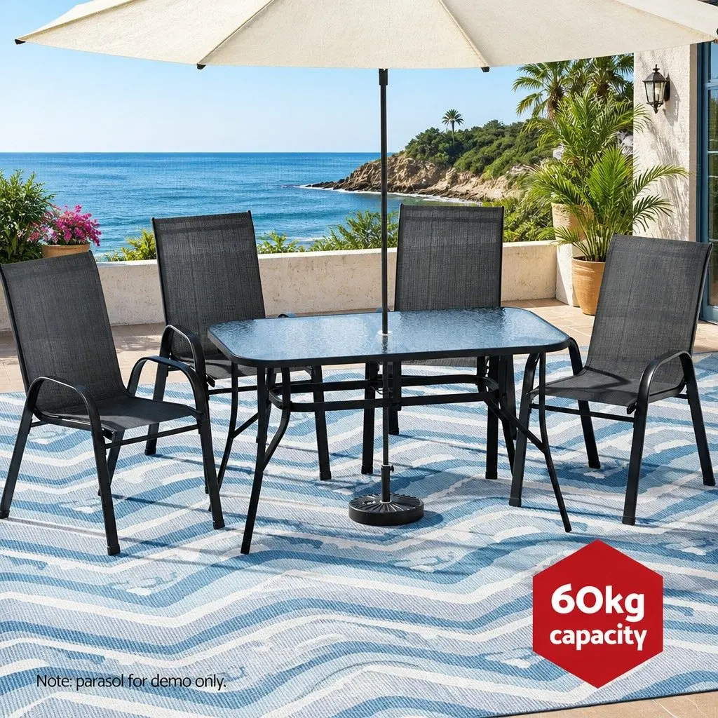 5 Piece Outdoor Dining Set Steel Frame Tempered Glass Table Black