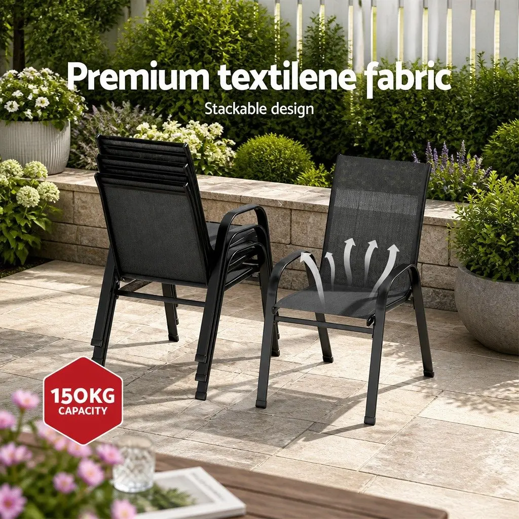 5 Piece Outdoor Dining Set Steel Frame Tempered Glass Table Black