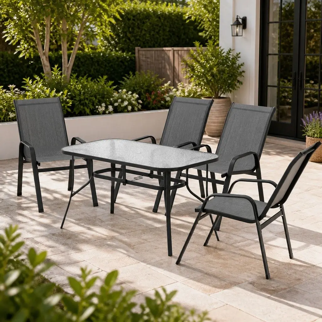 Outdoor Dining Set 5 Piece Patio Table Chairs Garden Furniture Stackable Grey